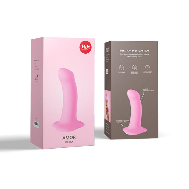 FUN FACTORY AMOR Candy Rose – Pink Silicone 5 Inch Dildo in packaging on a white background
