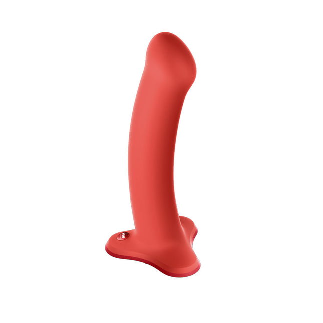 A coral orange dildo with a smooth surface, a curved shape, and a button on the base. It measures 18.3 cm in length.