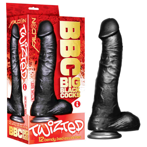 A large, 12 Inch black, twisted dildo with a realistic design, shown alongside its packaging which features bold text and graphics.