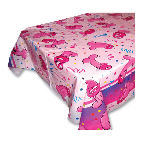 A pink table cover with cartoon hen characters and party streamers printed on it.