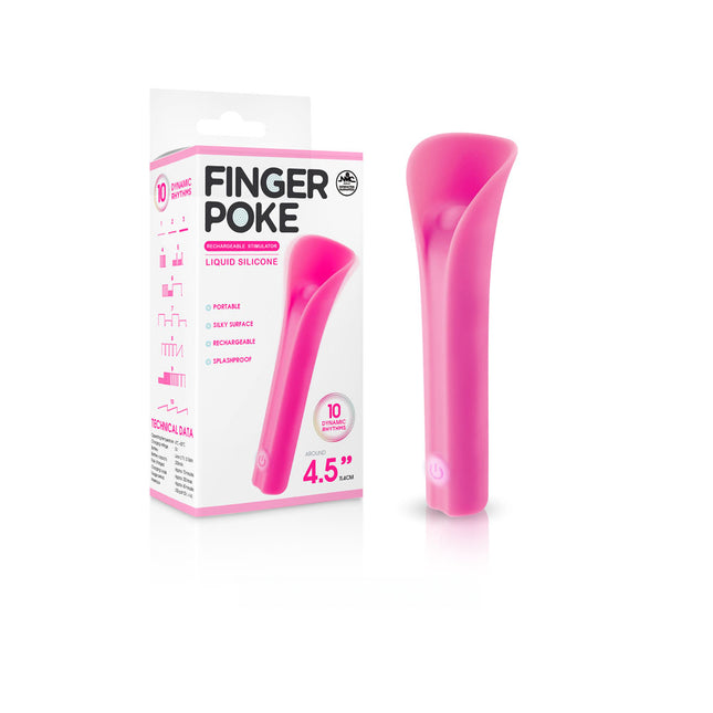 A pink USB rechargeable bullet-shaped personal massager, approximately 4.5 inches long, shown alongside its packaging.  Finger Poke.