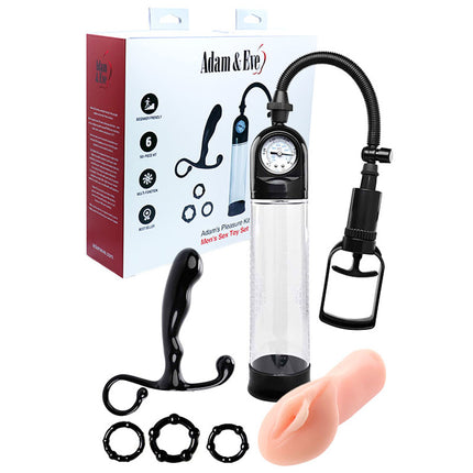 The image shows a 6-piece male pleasure kit by Adam & Eve. The set includes a penis pump, three cock rings, a vulva stroker, and a prostate massager.