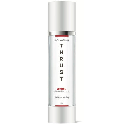 Silicone lubricant bottle labeled 'Thrust Anal' by Gel Works on a white background