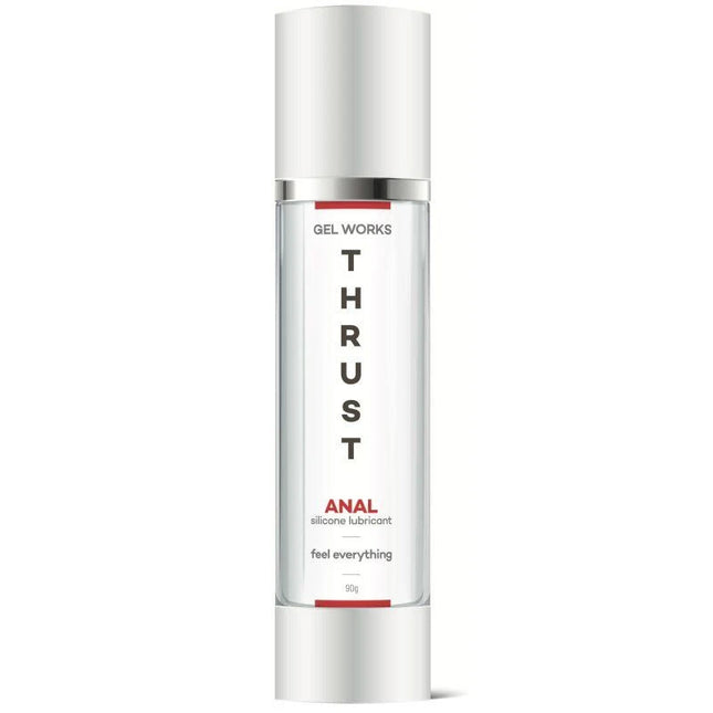 Silicone lubricant bottle labeled 'Thrust Anal' by Gel Works on a white background