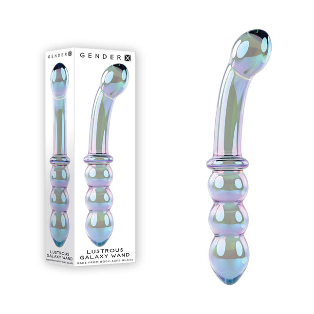 A glass massager with a curved end and a beaded end, featuring iridescent blue, green, and violet coloring. The product is shown both in and out of its packaging.