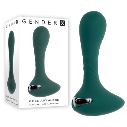A green, egg-shaped silicone vibrator with a rounded tip and a flat base, alongside its white and black packaging box, with the product name 'GOES ANYWHERE' displayed.