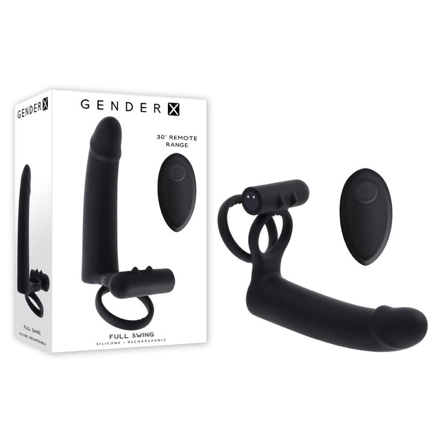 Gender X FULL SWING - Black Vibrating Cock Ring with Double Penetrator Dildo