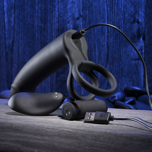 Gender X FULL SWING - Black Vibrating Cock Ring with Double Penetrator Dildo