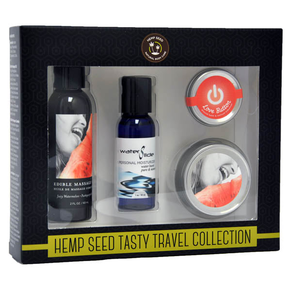 A Hemp Seed Tasty Travel Collection kit displayed in a box, containing various personal care products with watermelon scent, including a bottle labeled 'Waterslide', 'Edible Body & Massage Oil', 'Love Button', and a candle.