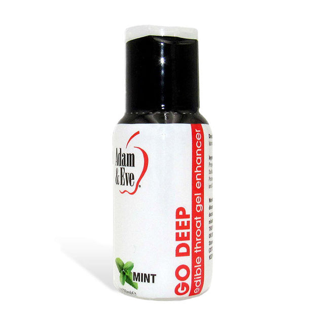 Bottle of Adam & Eve Go Deep Edible Throat Gel Enhancer on a white background