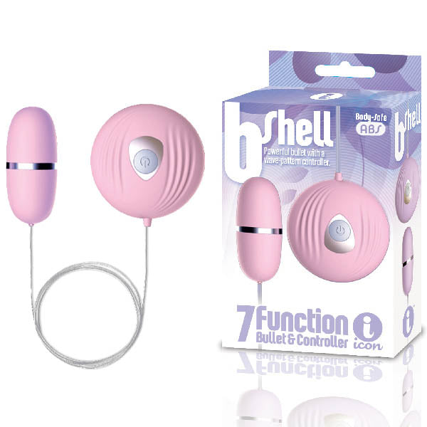 The product image shows a pink bullet vibrator with a shell-like remote control. The remote has a single button and displays the brand 'bShell' on it.