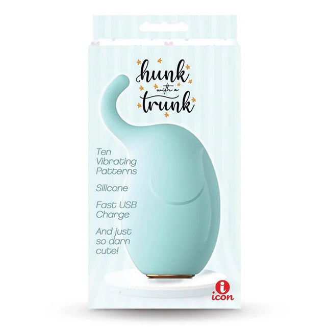 An aqua-colored clitoral stimulator designed to resemble an elephant, packaged in a box that highlights its main features such as 10 strong vibrational patterns, silicone material, and USB rechargeability.