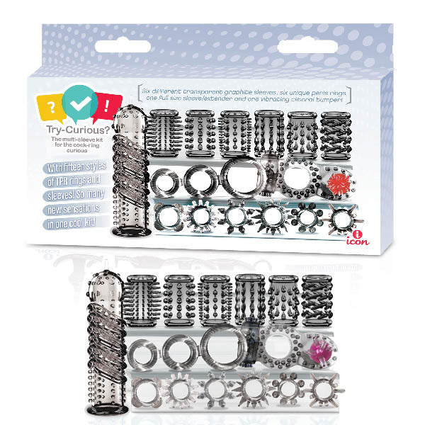 Try-Curious Clear Cock Ring & Sleeve - 15 Piece Set