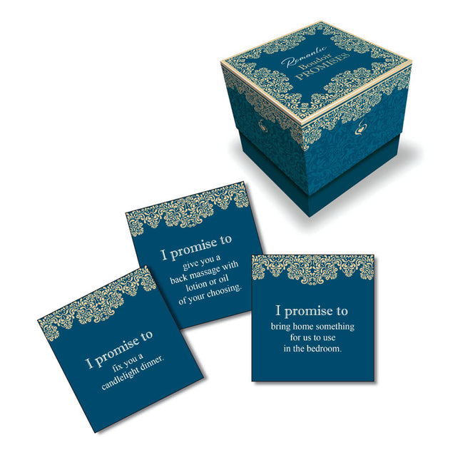 A set of romantic promise cards in a blue box with golden patterns, displaying various romantic invitations.