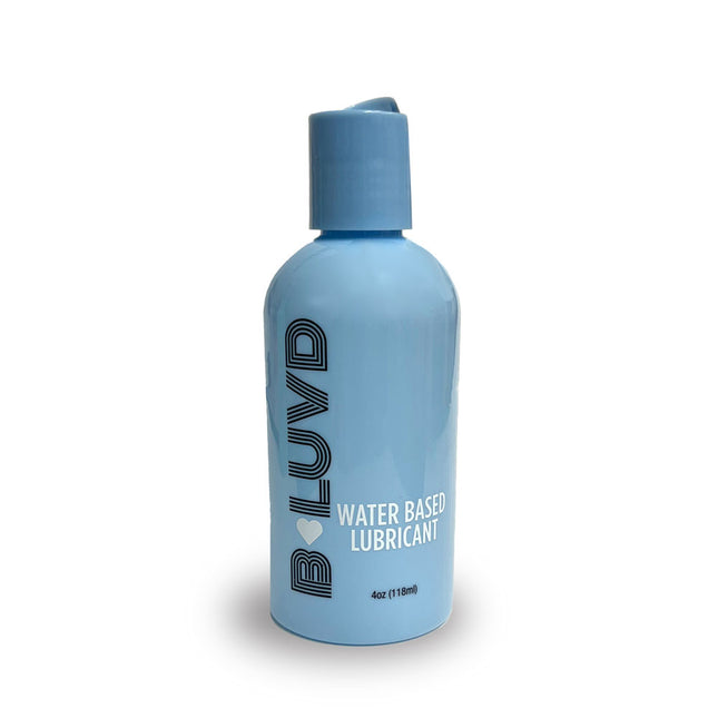 A blue bottle of B-LUVD Water Based Lubricant with a white cap, labeled for intimate use.