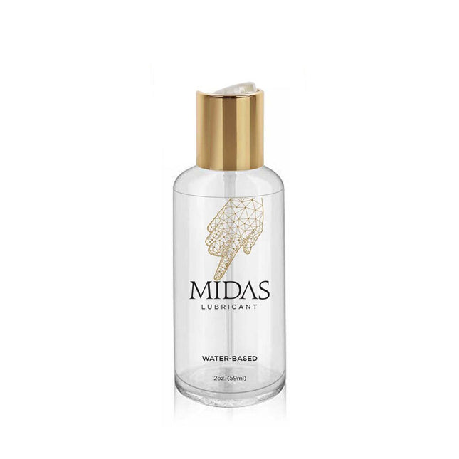 A clear bottle with a gold cap labeled 'MIDAS LUBRICANT Water-Based', designed for personal lubrication.