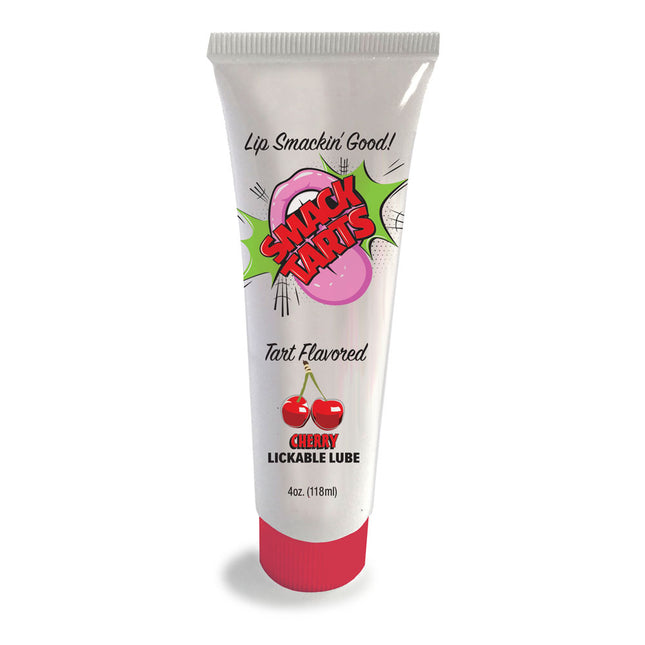 A tube of SMACK Tarts lubricant with a cherry flavor, white body with red flip-cap top, labeled 'Lip Smakkin' Good!'
