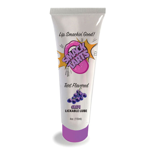 A tube of SMACK Tarts lubricant with a purple flip-cap top and labeled as 'Tart Flavored'. The packaging features graphic elements suggesting a playful and fruity product.