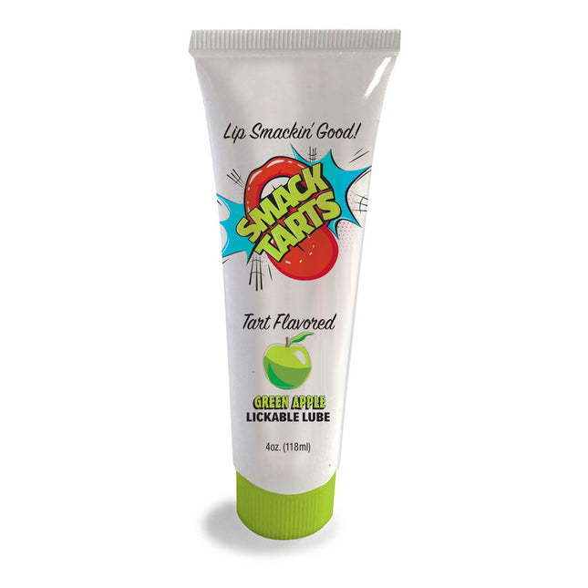 A tube of SMACK Tarts lubricant with a green apple flavor, part of the Little Genie product line.