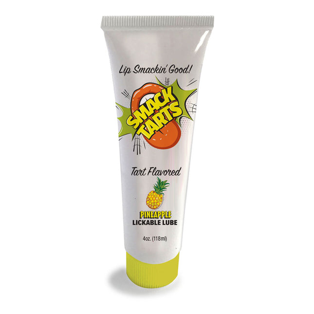 A tube of SMACK Tarts lubricant with a yellow cap and a pineapple graphic, labeled as 'Tart Flavored' and 'Lip Smakin' Good!'