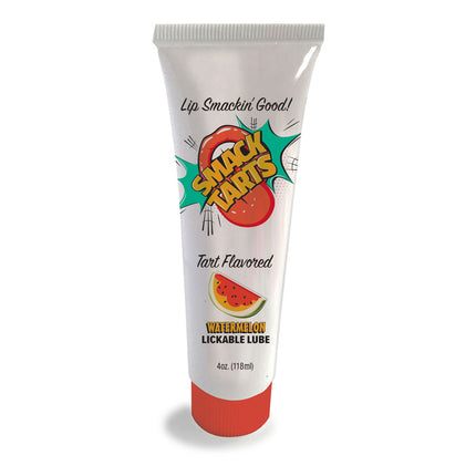 A tube of SMACK Tarts lubricant with a watermelon flavor, indicated by a graphic of a watermelon slice and the text 'Tart Flavored WATERMELON LICKABLE LUBE'.