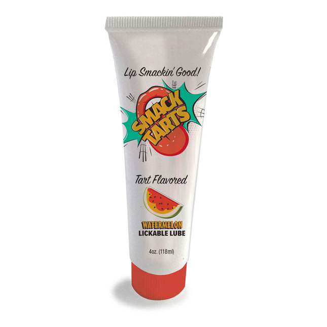 A tube of SMACK Tarts lubricant with a watermelon flavor, indicated by a graphic of a watermelon slice and the text 'Tart Flavored WATERMELON LICKABLE LUBE'.