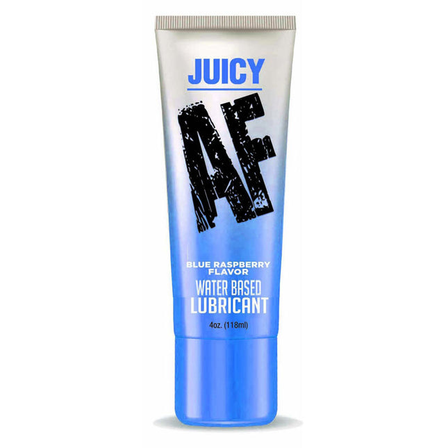 A tube of Juicy AF water-based lubricant with blue raspberry flavor. The packaging is predominantly white with blue text and accents, and the tube is topped with a blue cap.