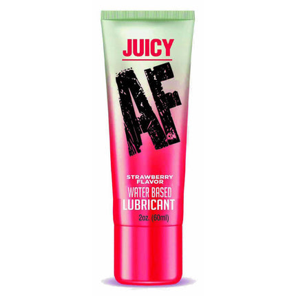 A tube of Juicy AF water-based lubricant with strawberry flavor. The packaging is predominantly pink with the brand name and product description clearly displayed.