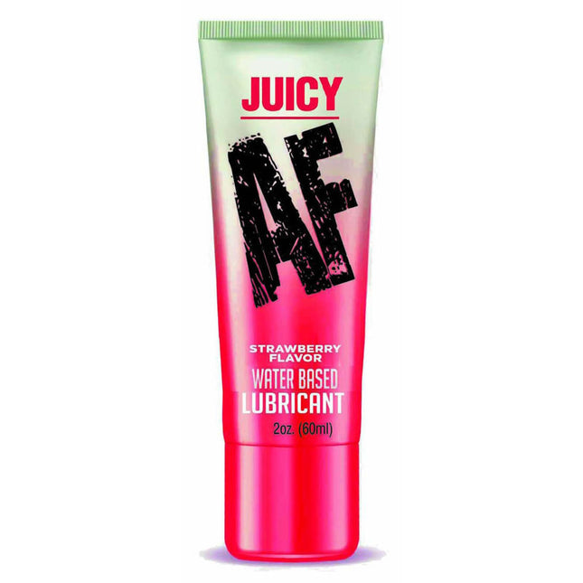A tube of Juicy AF water-based lubricant with strawberry flavor. The packaging is predominantly pink with the brand name and product description clearly displayed.