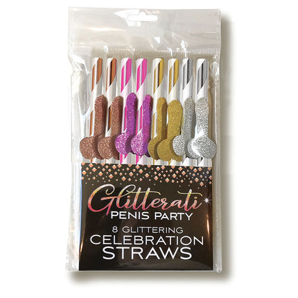 A pack of eight glittering celebration straws in gold, silver, rose gold, and bronze colors with a glittery penis applique.