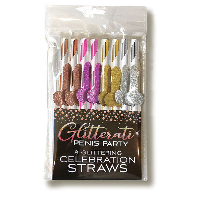 A pack of eight glittering celebration straws in gold, silver, rose gold, and bronze colors with a glittery penis applique.