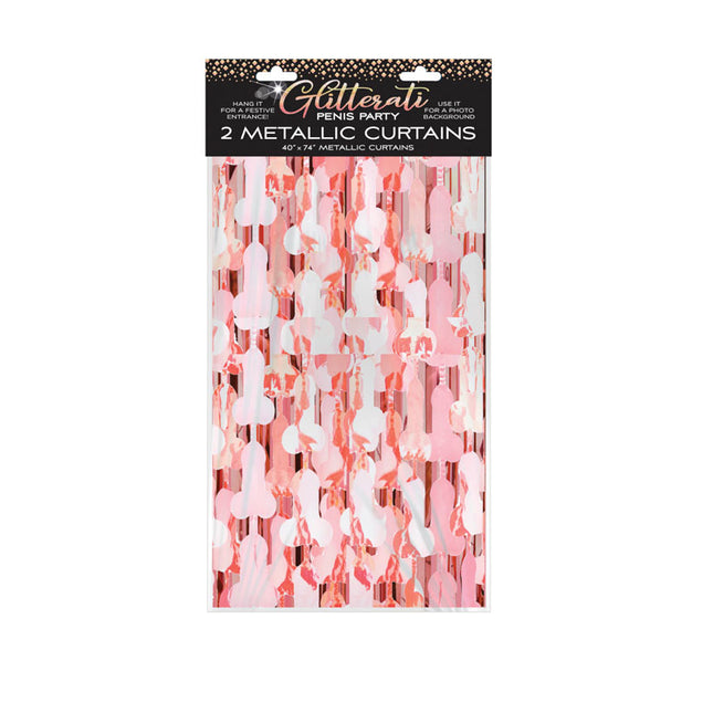 This image displays the "Glitterati - Penis Foil Curtains - Party Novelty - 2 Pack" from Little Genie. The product includes two metallic foil curtains, each measuring 1.