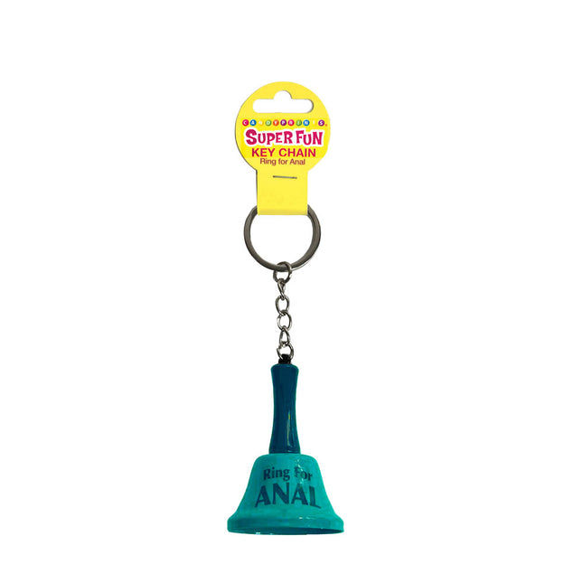 A green keychain shaped like a bell with the word 'ANAL' printed on it, packaged with a 'Super Fun Key Chain' label.