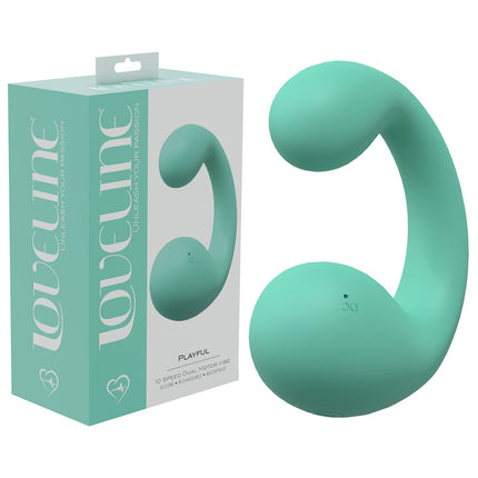 A green, loveline dual vibrator with an ergonomic design, shown alongside its packaging box.