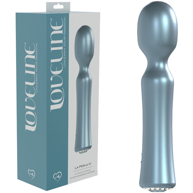 A pearlescent blue USB rechargeable massage wand with a smooth, sleek design. The product is shown alongside its packaging which reads 'LOVELINE La Perla IV'.