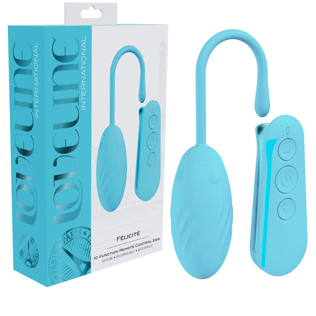Loveline Blue electronic egg vibrator with remote control and packaging on a white background