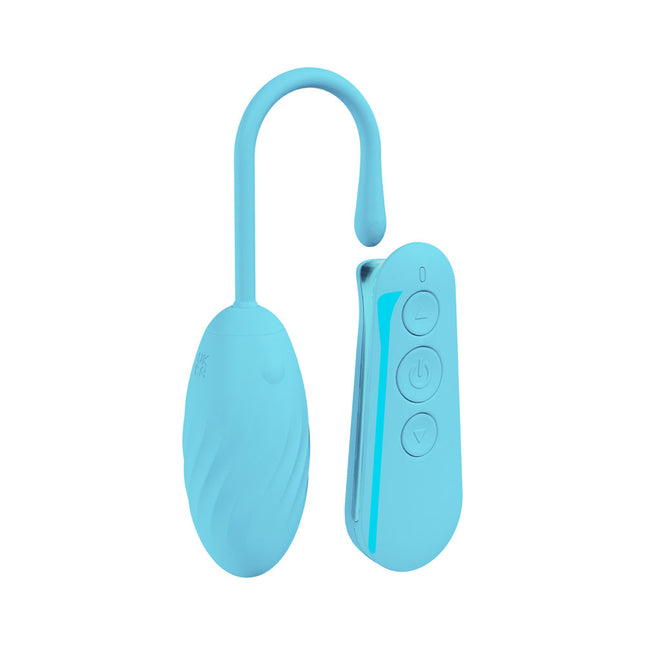 Blue electronic device with a remote control-like handle on a white background