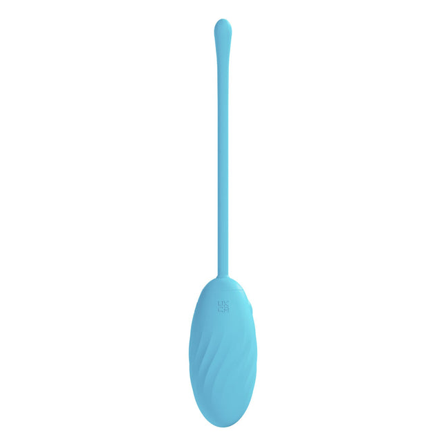 Blue silicone egg vibrator on a white background