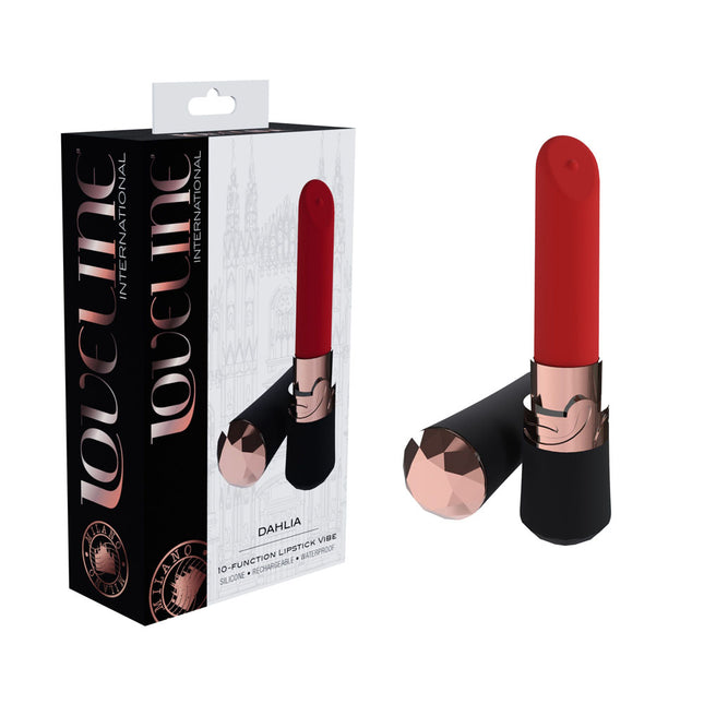 LOVELINE Dahlia Black/Red Lipstick Vibrator with packaging labeled 'LOVECINE' on a white background
