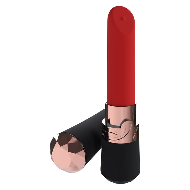 LOVELINE Dahlia Black/Red Lipstick Vibrator with black and rose gold casing on a white background