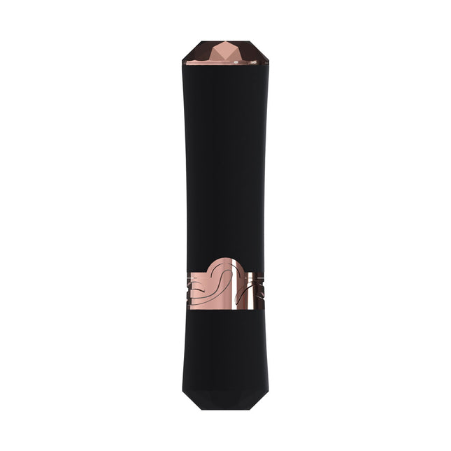 LOVELINE Dahlia Black/Red Lipstick Vibratort with rose gold accents on a white background