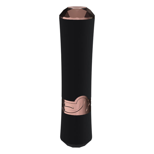 LOVELINE Dahlia Black/Red Lipstick Vibrator with rose gold accents on a white background