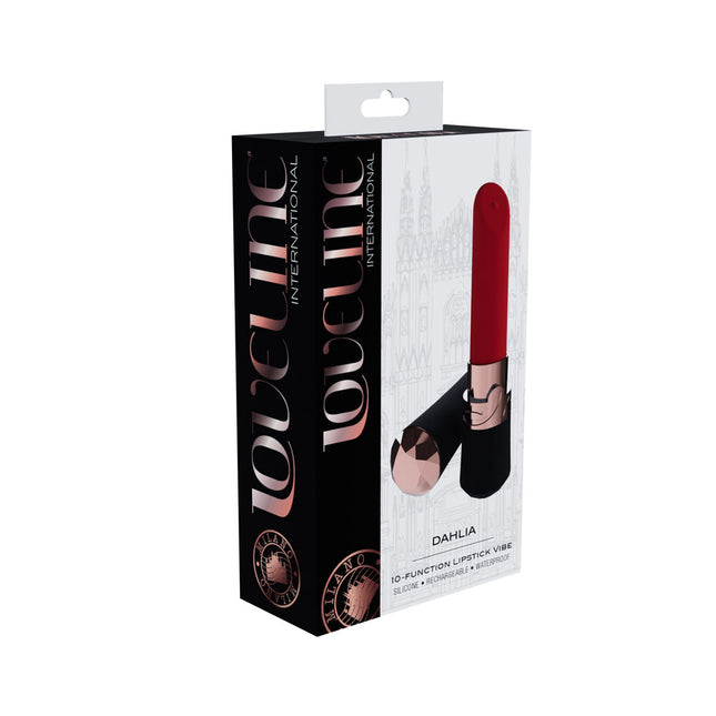 Loveline International Dahlia red/black lipstick vibrator packaging on a white background