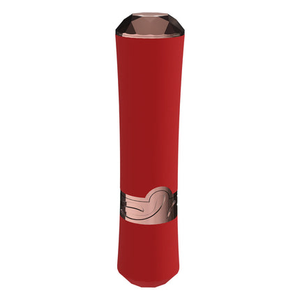 LOVELINE Dahlia Red Lipstick Vibrator with rose gold accents on a white background