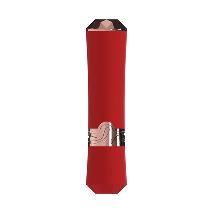 LOVELINE Dahlia Red Lipstick Vibrator with a rose gold cap on a white background
