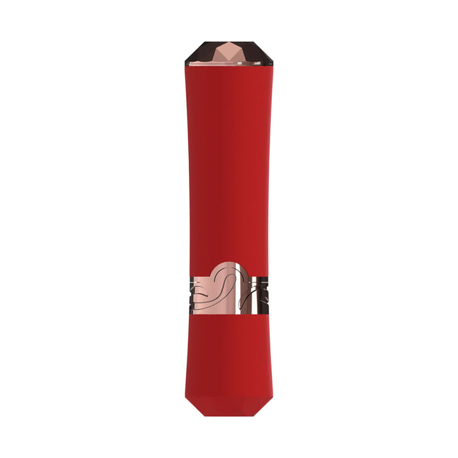 LOVELINE Dahlia Red Lipstick Vibrator with a rose gold cap on a white background