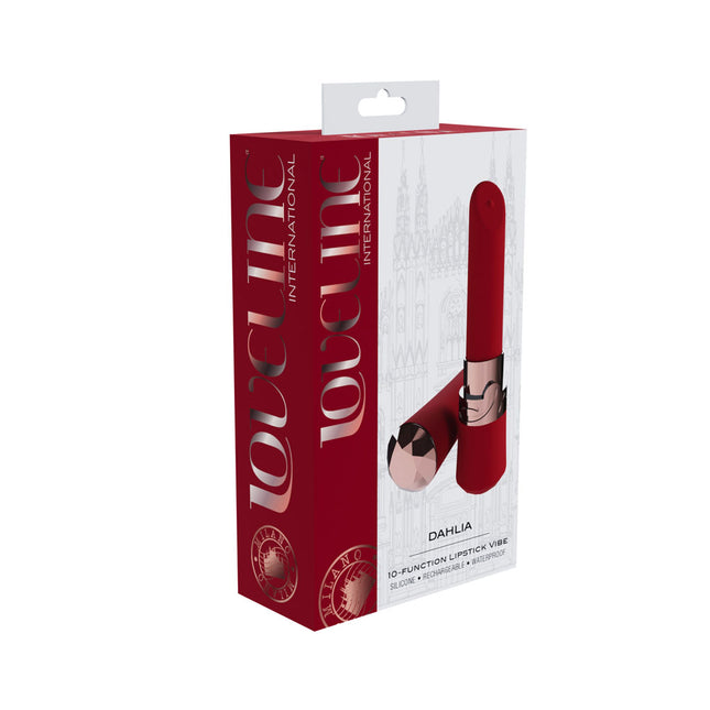 LOVELINE Dahlia Red Lipstick Vibrator packaging box of a product with visible branding on a white background