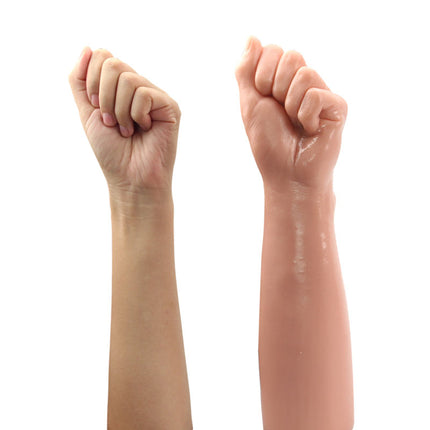 King Sized 12'' Realistic Bitch Fist Dildo Side by side a normal Fist