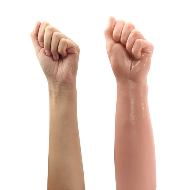 King Sized 12'' Realistic Bitch Fist Dildo Side by side a normal Fist