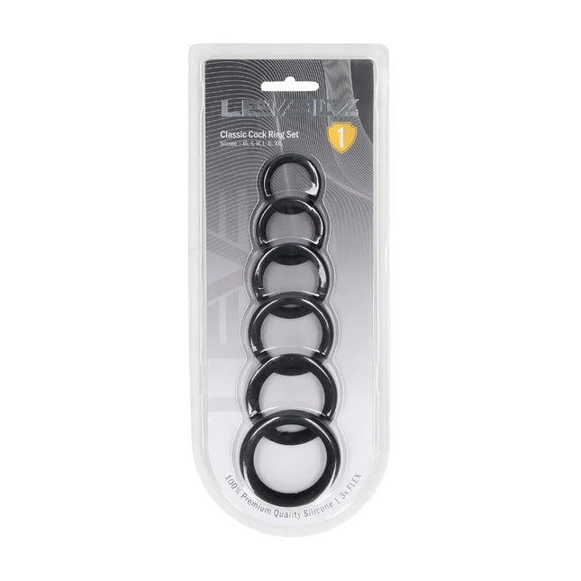 LEVELZ Classic Silicone Cock Ring Set of 6 - Black Cock Rings